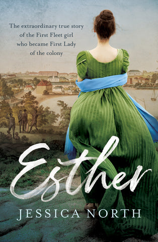 The cover of the book 'Esther' by Jessica North features an image of a woman in a historical dress and blue scarf, with a background suggesting a rural or colony-era setting. The title 'Esther' is prominently displayed at the top in a large, elegant white font, while the author's name is mentioned at the bottom.