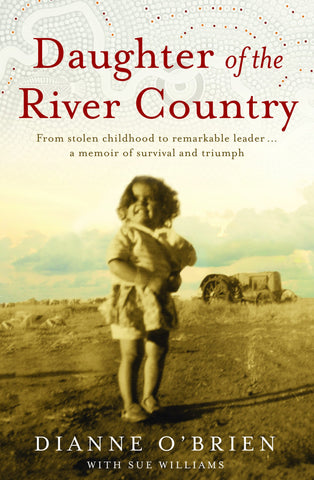The cover of the book 'Daughter of The River Country' features a sepia tones image of a young girl with a smile on her face.