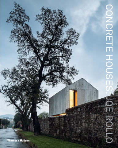 The cover of the book 'Concrete Houses' by Joe Rollo, featuring a photograph of a modern house with concrete elements, partially illuminated, situated next to a wall and trees in the background.