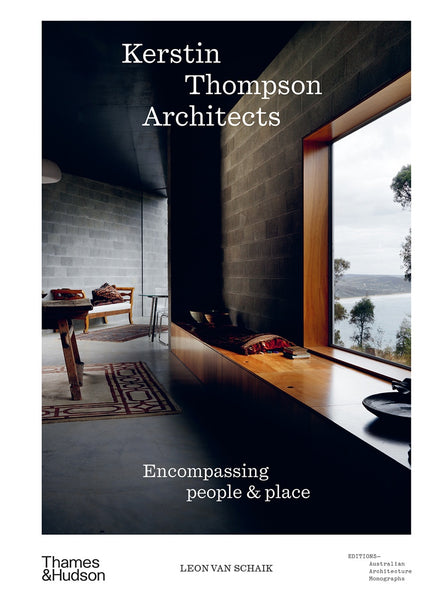 Cover of the book 'Kerstin Thompson Architects' featuring an interior photograph of a modern living space with a large window with concrete and wooden elements.