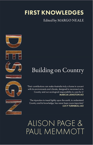 Book cover for 'Design: Building on Country' featuring Indigenous artwotk within the titlle text.