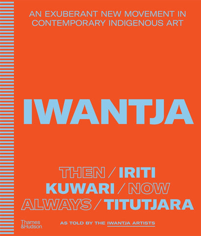 The cover of the book 'Iwantja' featuring text and a logo, with a vertical orange and blue design on the left side and a horizontal blue and orange design on the right side.