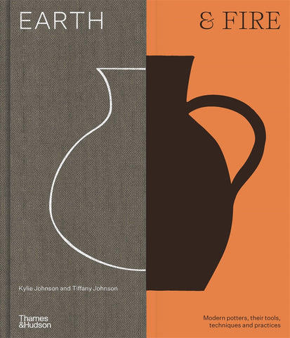 The cover of the book 'Earth & Fire' featuring a design with a stylized vase in white on a brown background with orange elements.