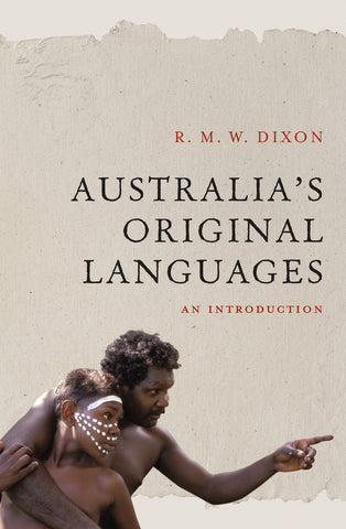 The cover of the book 'Australia's Original Languages: An introduction' shows a photograph of Indigenous Australian people, with the man pointing at something in the distance. The background is textured with a faded written text.