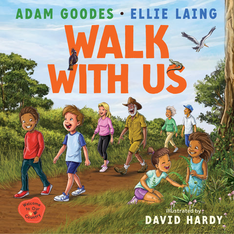 Book cover of 'Walk With Us' featuring illustration by David Hardy with several children and adults walking in a park, meeting and interacting.