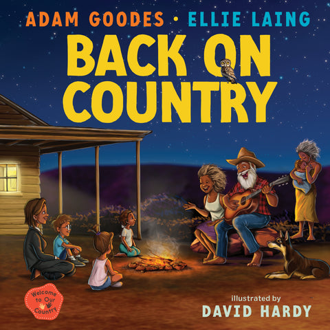 Illustrated cover of the book 'Back on Country' featuring Aboriginal Australian culture with adults and children around a campfire at night.