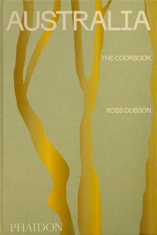 Cover of the book 'Australia: The Cookbook' by Ross Dobson, featuring a minimalist design with yellow tree silhouettes on a beige background.