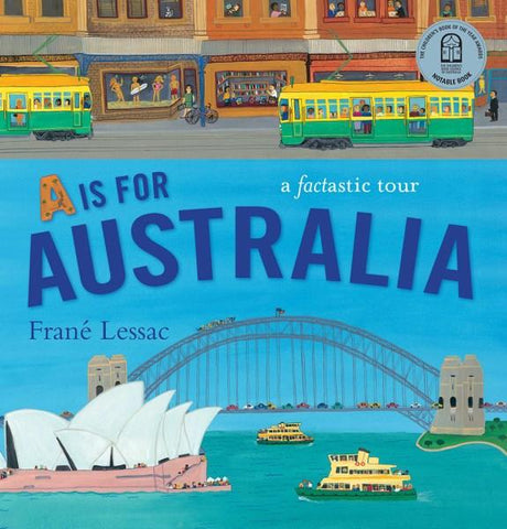 Book cover of 'A Is for Australia: A factastic tour' featuring illustrations of iconic Australian landmarks and a cityscape.