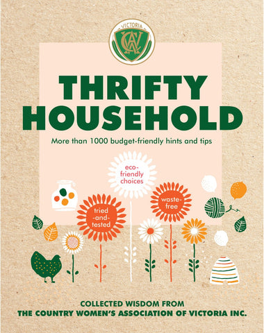 The cover of the book 'Thrifty Household' featuring a title and subtitle, along with illustrations of flowers, and a hen.
