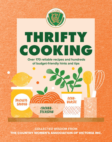 The cover of the book 'Thrifty Cooking' showing various kitchen utensils and ingredients indicating a theme of cooking and food preparation.