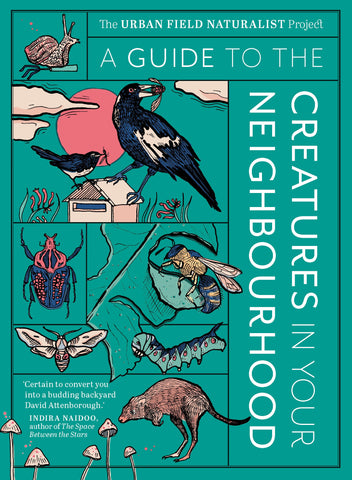 The image features the cover of the book titled "A Guide to the Creatures in Your Neighbourhood," published by the Urban Field Naturalist Project. The cover is vibrant and colorful, showcasing a variety of illustrated creatures such as a crow, a butterfly, a bee, and a possum, each accompanied by a detailed and artistic depiction.