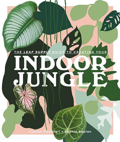 Cover of the book 'Indoor Jungle' featuring a vibrant illustration of various houseplants and leaves on a pink and green background.