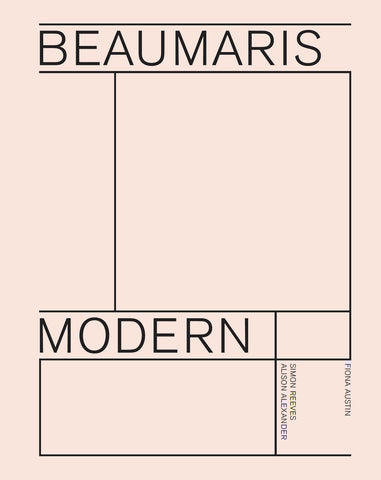 Cover of the book 'Beaumaris Modern: Modernist Homes in Beaumaris' showing the title and author's name in large white letters on a pink background, with a grid layout.