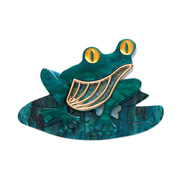 A whimsical Art Nouveau-style frog brooch by Erstwilder with a gold-metal accents and bright green textured resin body.