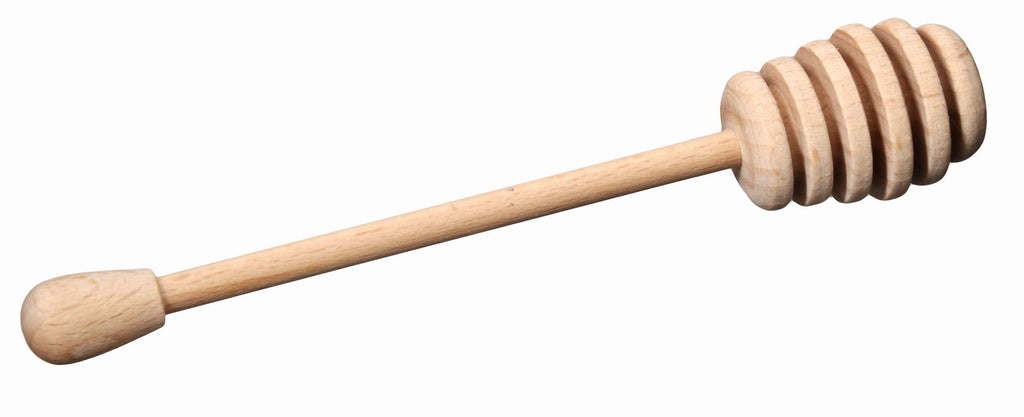 A beechwood honey dipper with a smooth finish, consisting of a long handle and a honeycomb-patterned dipper end, made by Academy Home Goods.