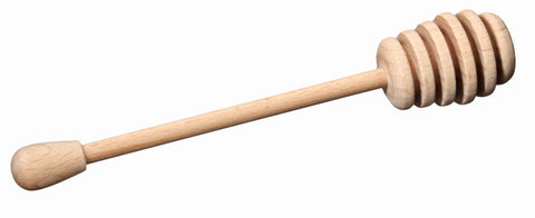 A beechwood honey dipper with a smooth finish, consisting of a long handle and a honeycomb-patterned dipper end, made by Academy Home Goods.