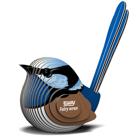 A 3D cardboard model kit depicting a fairy wren with blue and black colors, numbered pieces for assembly.