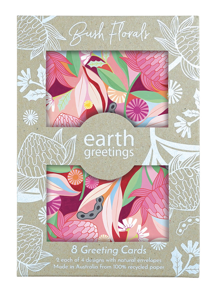 Bush Florals Assorted Greeting Cards set featuring artwork with Australian native flowers in vibrant colors, and text indicating the pack contains 8 cards.