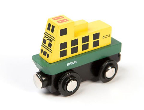 A small, colorful toy ferry boat with 'Sirius' written on it, designed for play and compatible with wooden train tracks.