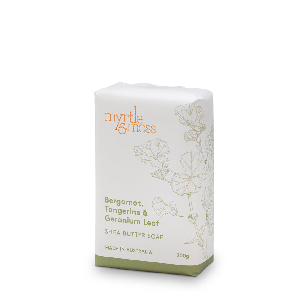Packaged bar soap with 'Myrtle & Moss' branding, Bergamot, Tangerine & Geranium Leaf label, and 'Proudly Made in Australia' text.