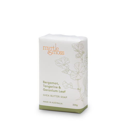 Packaged bar soap with 'Myrtle & Moss' branding, Bergamot, Tangerine & Geranium Leaf label, and 'Proudly Made in Australia' text.