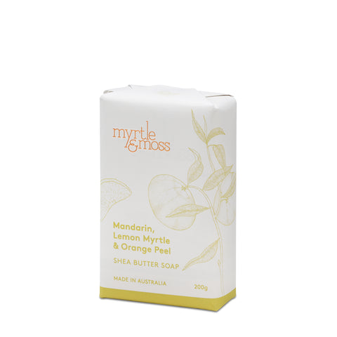 A packaged bar of Myrtle & Moss shea butter soap with mandarin, lemon myrtle, and orange peel scents, marked as made in Australia, weighing 200g.
