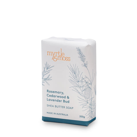 Myrtle & Moss Rosemary Cedarwood & Lavender Bud Shea Butter Soap, 200g size, with branding and product details.