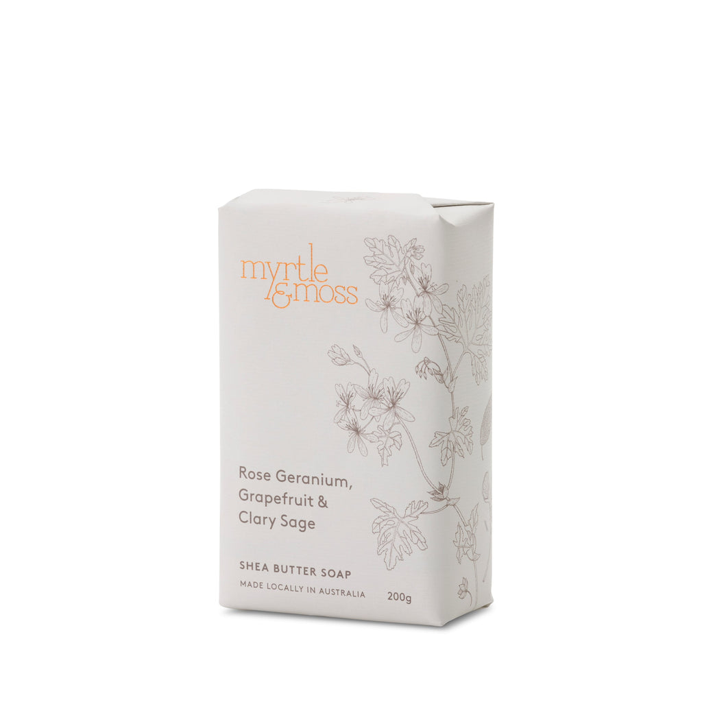 Myrtle & Moss Rose Geranium, Grapefruit & Clary Sage Shea Butter Soap, 200g size, with botanical designs and product information.