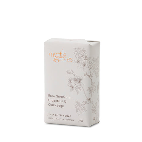 Myrtle & Moss Rose Geranium, Grapefruit & Clary Sage Shea Butter Soap, 200g size, with botanical designs and product information.