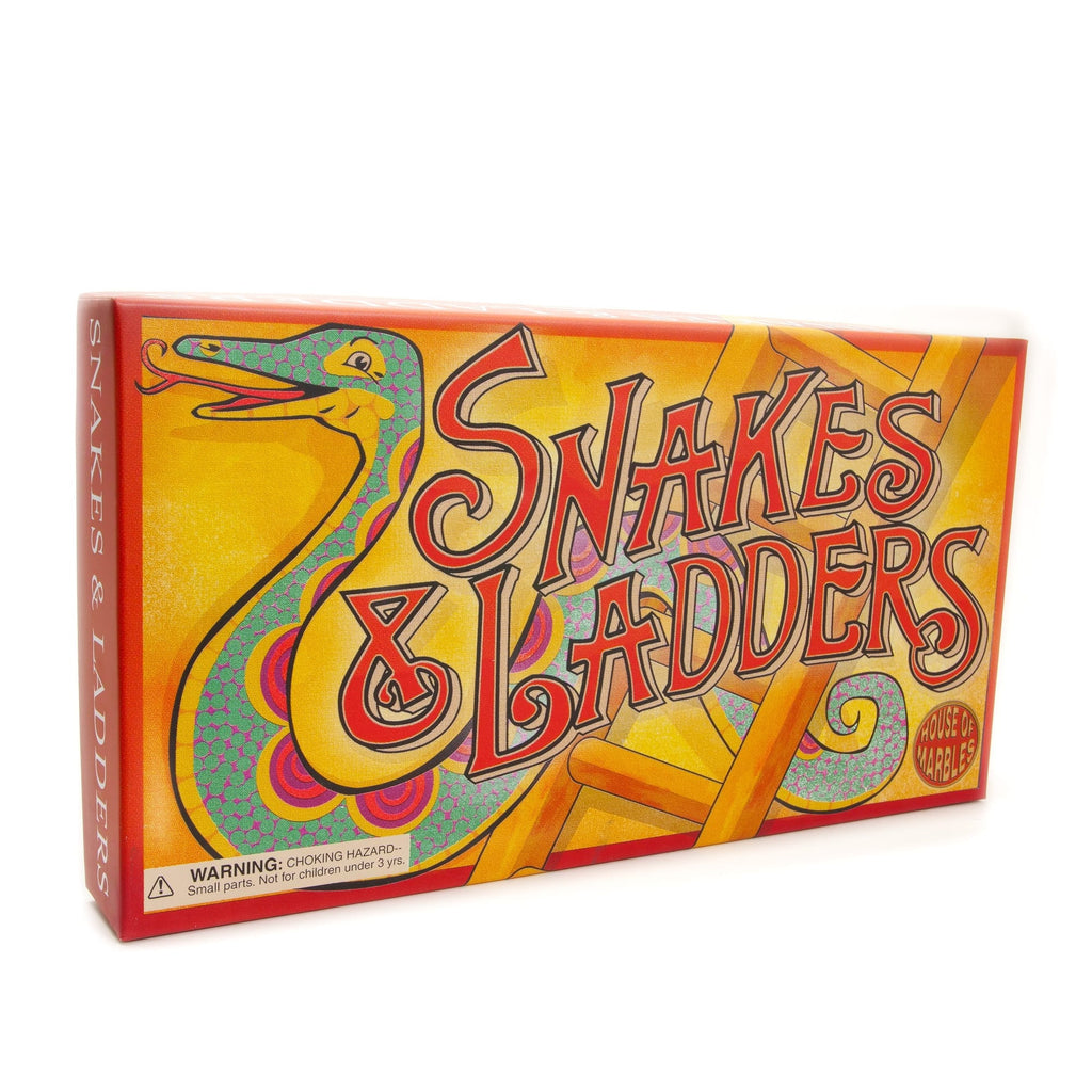 A colorful game box of 'Snakes and Ladders' by House of Marbles featuring illustrations of snakes and ladders on a vibrant background.