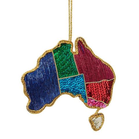 A sequin decoration in the shape of the Australian continent with different colours on each state including Tasmania.