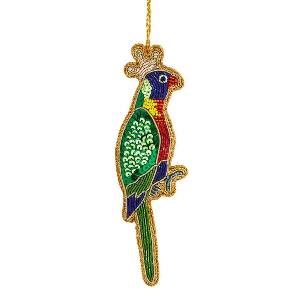A sequined decoration in the shape of a Rainbow Lorikeet with colorful plumage and a crown, designed for Christmas tree trimming.