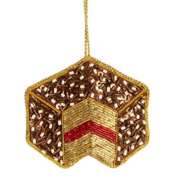 Lamington Beaded Christmas decoration features brown with white beading and gold trimming