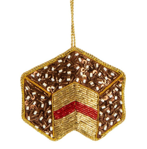 Lamington Beaded Christmas decoration features brown with white beading and gold trimming